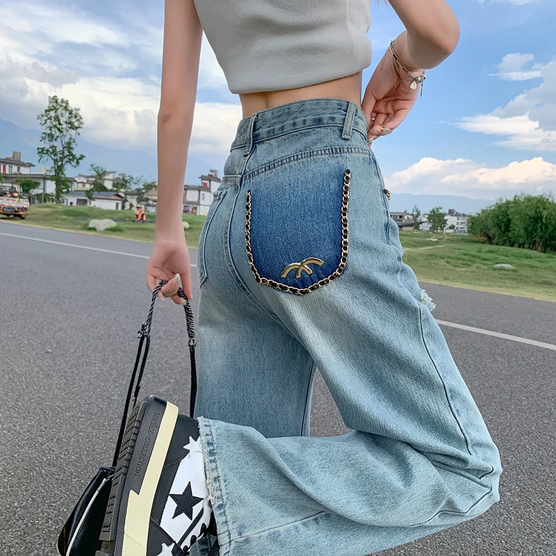 Top Trends: 2023 Nostalgic Wide Leg Jeans Women&#039;s Spring / Summer Slim Floor Slim Pants Straight Leg Jeans Long Pants Broken Hole Pants Shoppable Styles