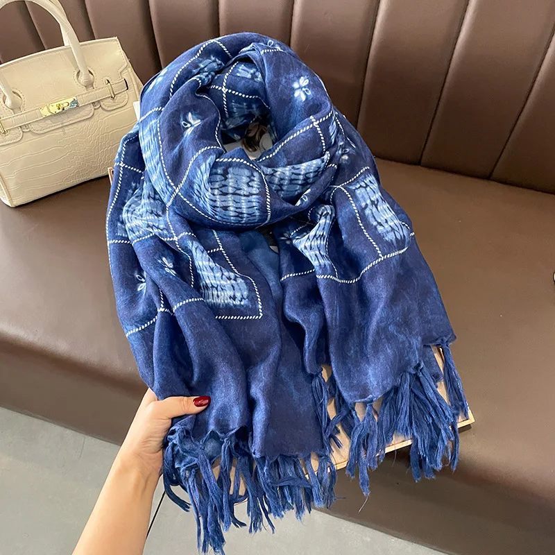 Top Trends: African Indian Navy Blue Floral Tassel Viscose Scarf High Quality Print Shawls And Wraps Pashmina Stole Long Soft Muslim Hijab Shoppable Styles - Image 3