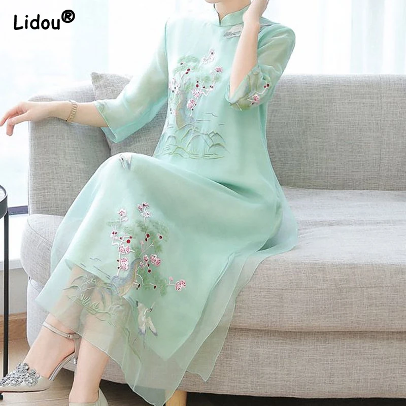 Top Trends: Short Sleeve Stand Collar Embroidery Printing Chinese Style Fashion Casual Midi Skirts Summer Dresses Thin Women&#039;s Clothing 2023 Shoppable Styles