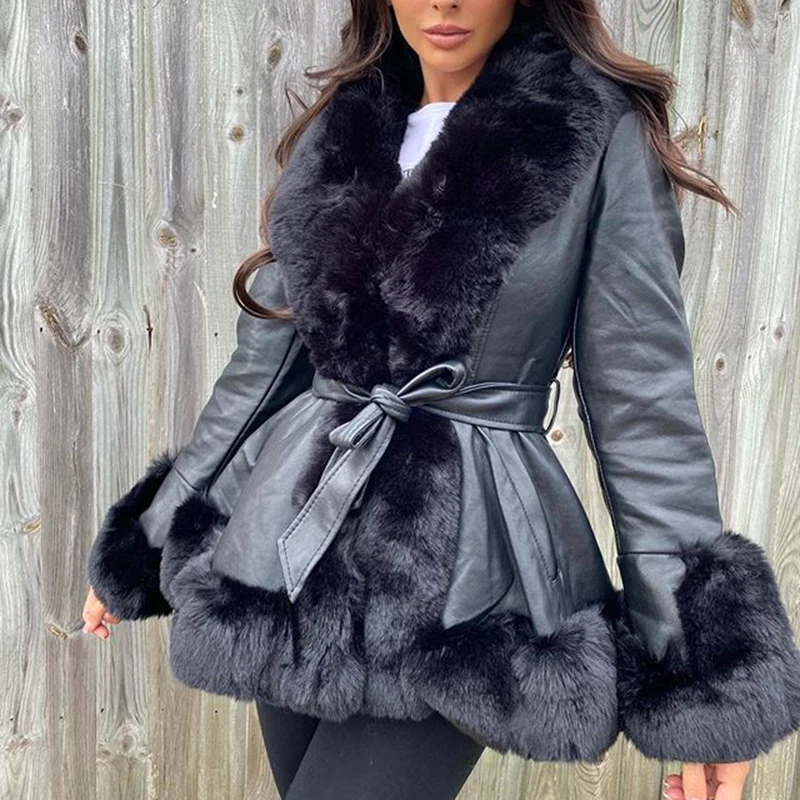 Top Trends: Women Fashion Tie Belt High Waist Short Coats Winter PU Leather Jackets Female Lady Elegant Side Pockets Warm Faux Fur Jackets Shoppable Styles