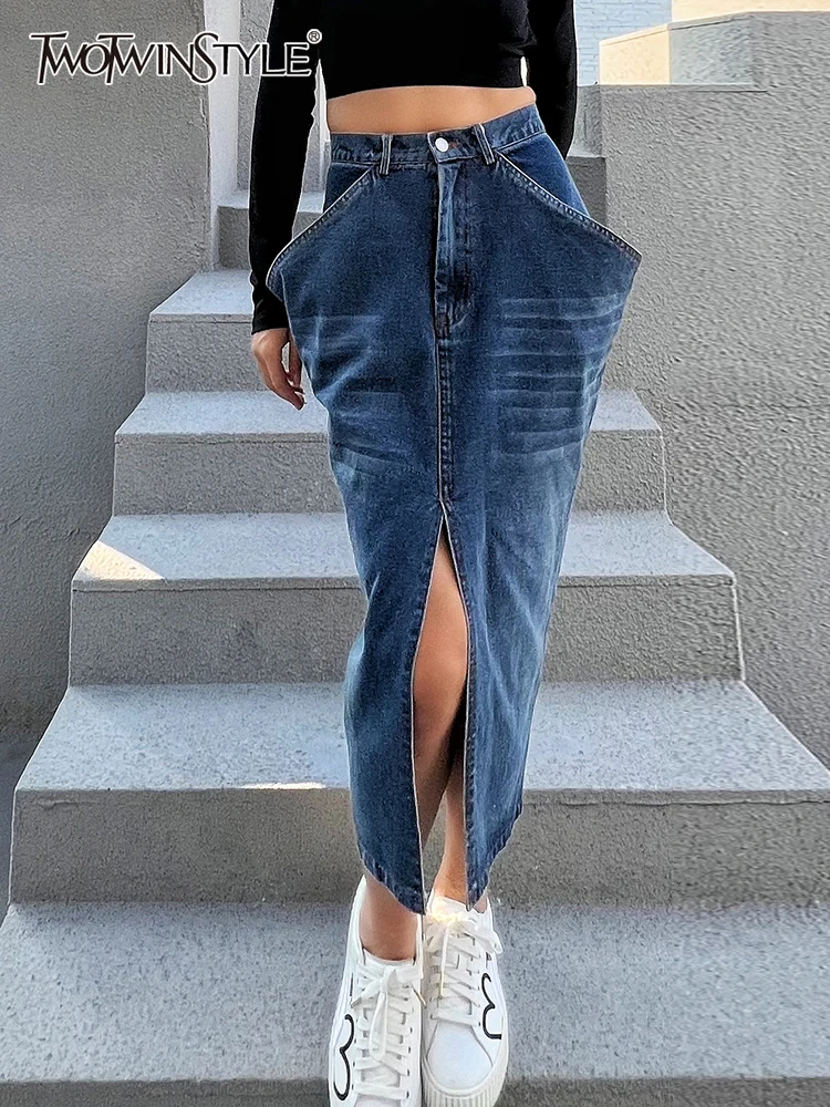 Top Trends: TWOTWINSTYLE Blue Denim Skirt For Women High Waist Straight Split Solid Streetwear Midi Skirts Female Fashion Clothing New 2022 Shoppable Styles