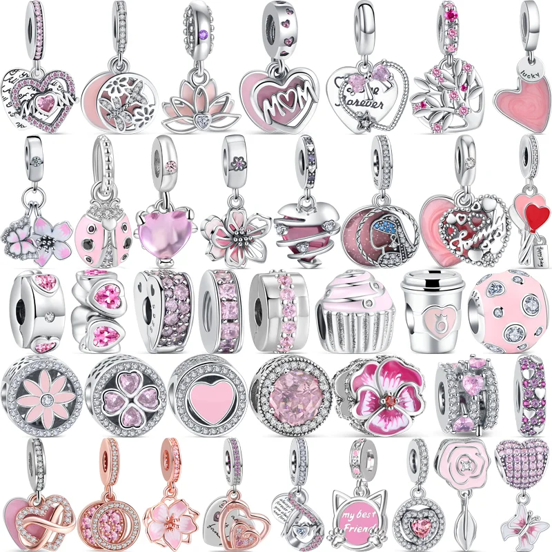 Top Trends: 925 Solid Silver Pink Series Butterfly Flower Heart Friends Infinite Love Mom Beads Fit Original Pandora Charms Bracelet Jewelry Shoppable Styles