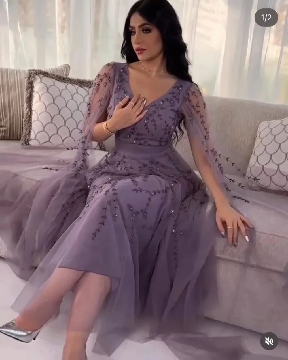 Top Trends: Dream Evening Dress 2023 Elegant Purple Tulle Evening Gowns Decal A-line V-neck Long Sleeve Prom Dresses فساتين مناسبة رسمية Shoppable Styles