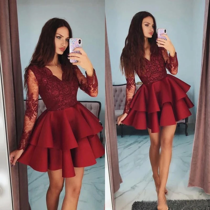 Top Trends: Wine Red Lace Homecoming Dresses 2024 V Neck Tiers Skirt Long Sleeves Graduation Party Short Dress Robe De Soiree Shoppable Styles