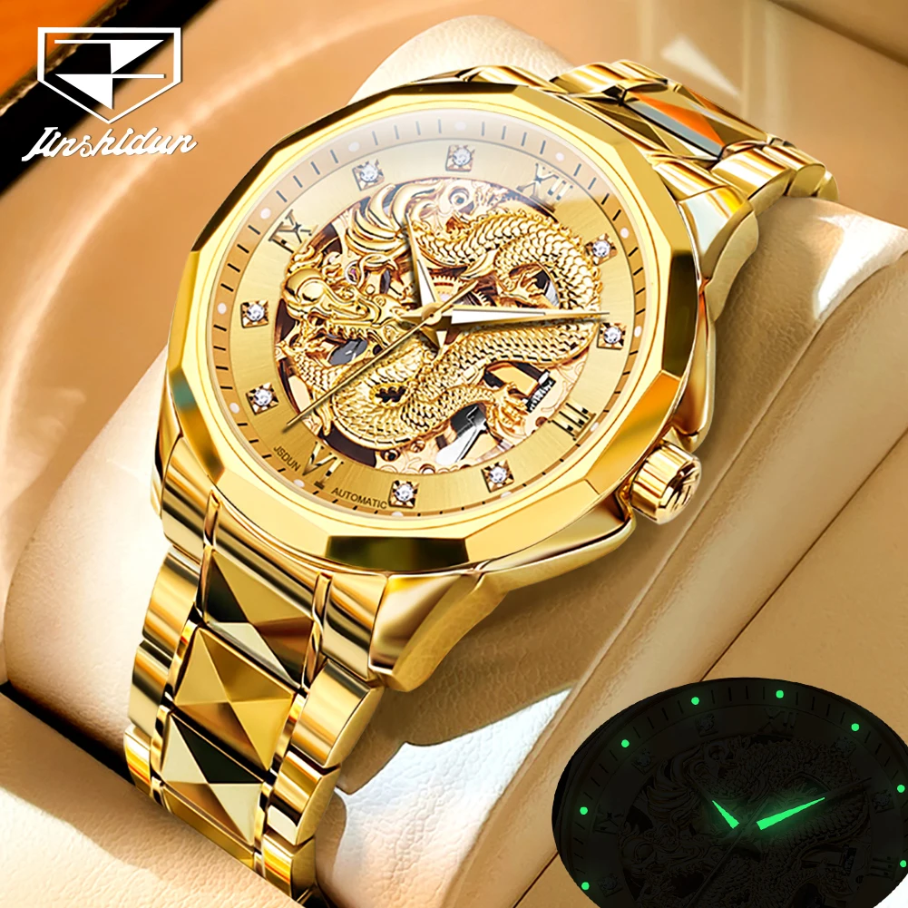 Top Trends: Original Top Brand JSDUN Luxury Watch For Men Automatic Mechanical Gold Dragon Stainless Steel Waterproof Luminious Wristwatches Shoppable Styles