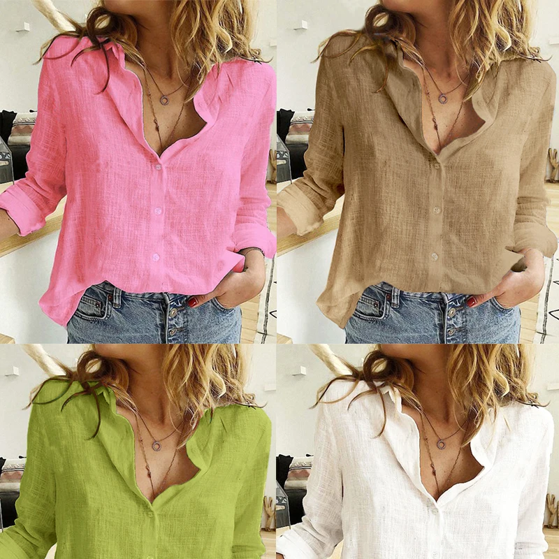 Top Trends: Elegant Cotton Linen Shirts Women Casual Solid Button Lapel Blouses Shirts Spring Summer Long Sleeve Loose Tops Tunic Blusas Shoppable Styles