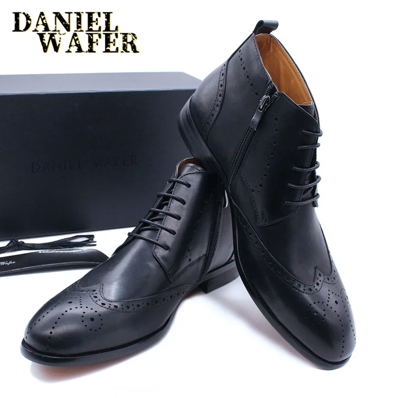 Top Trends: Handmade Men Ankle Boots Casual Leather Shoes Western Cowboy Boots Black Brown Wingtip Lace Up Wedding Office Dress Boots Men Shoppable Styles