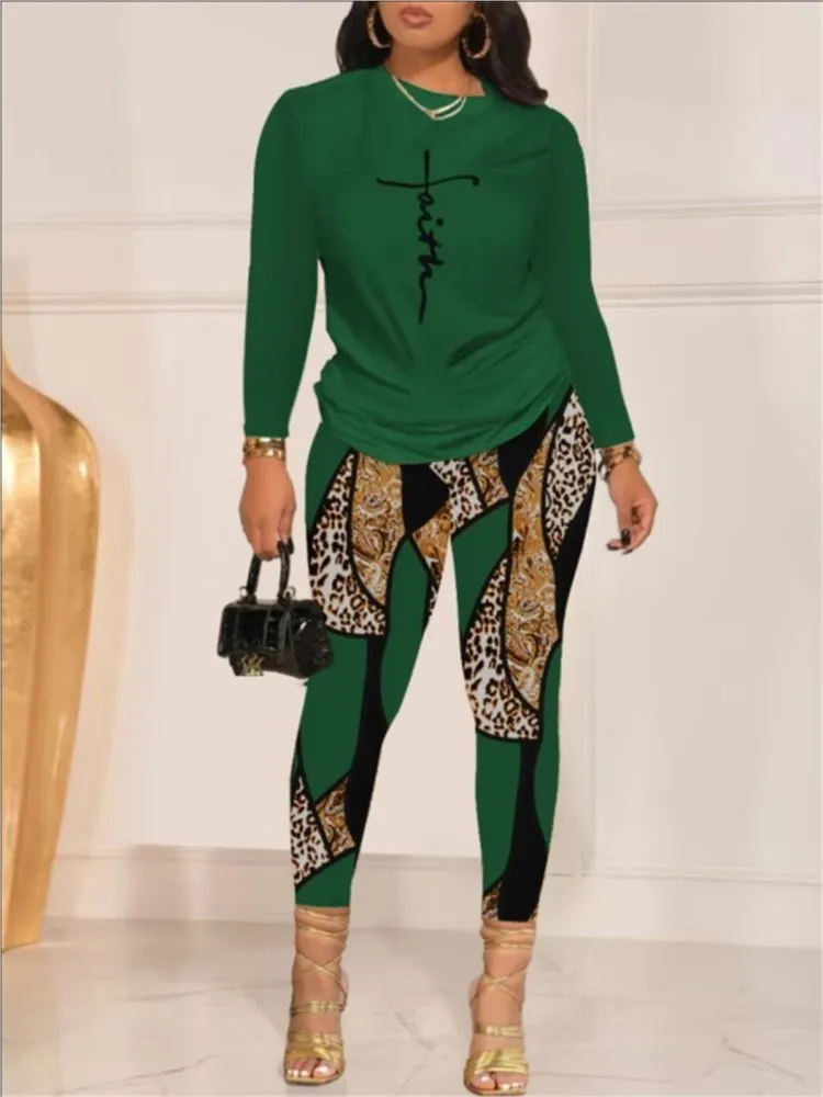 Top Trends: Women Fashion Geometric Leopard Print Long Sleeve Top & Pencil Pants Set Casual Tracksuit 2 Piece Sets 2023 Autumn New Outfits Shoppable Styles - Image 3