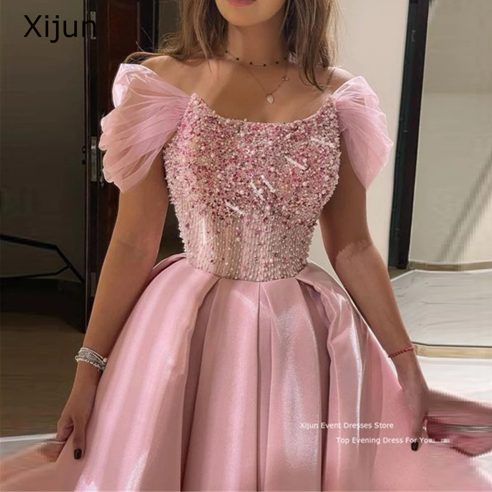 Top Trends: Xijun Pink Evening Dress Vestidos Beaded Short Cap SleeveA-Line Prom Gowns Ankle Length Prom Dresses 2023 Saudi Arabric Women Shoppable Styles