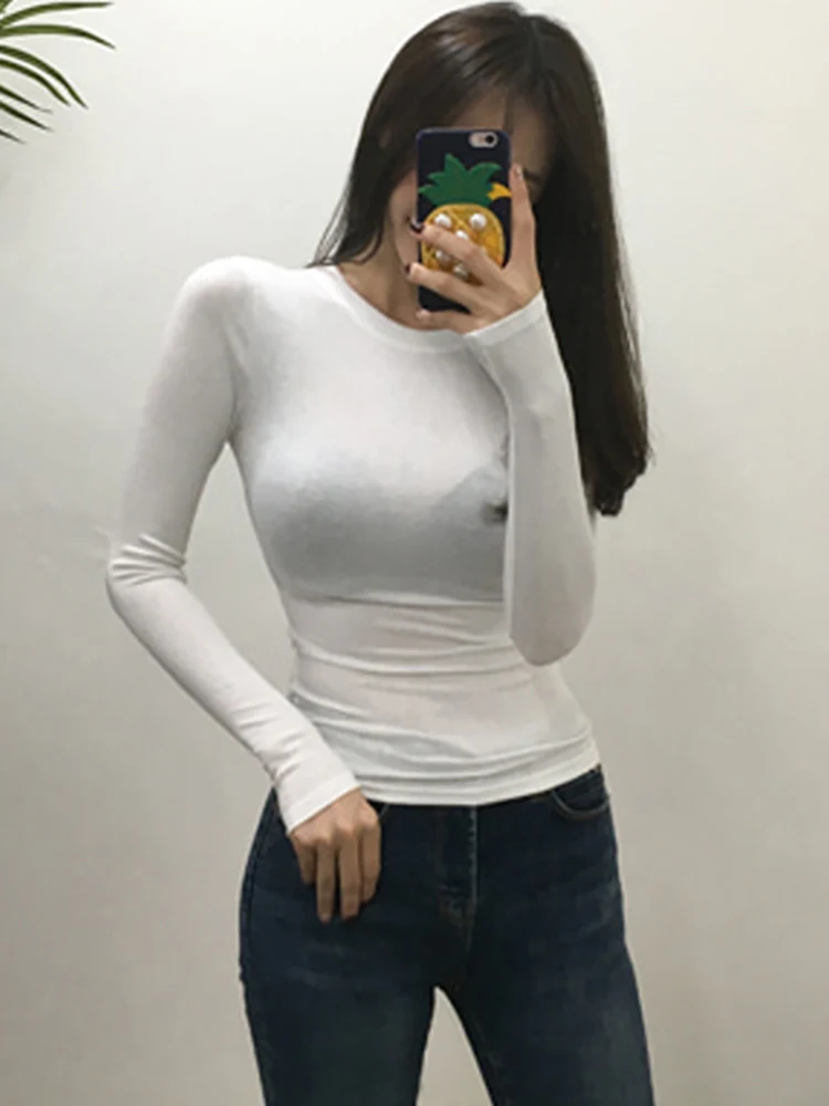 Top Trends: T Shirt Korean Style Slim T-shirts 2024 Sexy Tshirts Cotton Long Sleeve Summer Tops Tee Shirt Femme Khaki Blue White Black Shoppable Styles