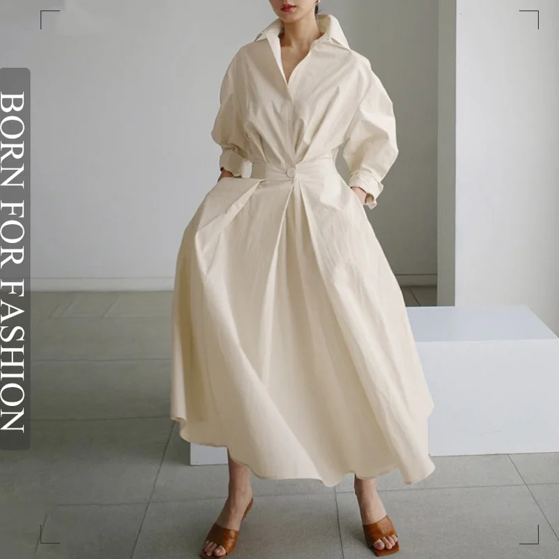 Top Trends: Office Ladies Autumn Slim Shirt Dress Elegant Long Sleeve Lapel Neck Maxi Dress Women Solid Color Casual Vestidos Femme Robe Shoppable Styles