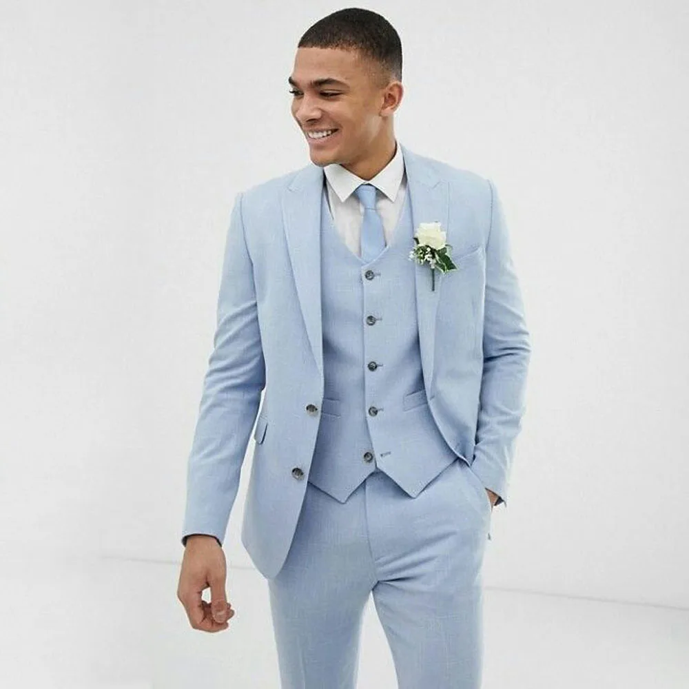 Top Trends: Light Blue Wedding Men Suits Slim Fit Linen Tuxedos Groom Wear Terno 3 Pieces(Jacket+ Pants+ Vest) Bridegroom Blazer Costume Homme Shoppable Styles