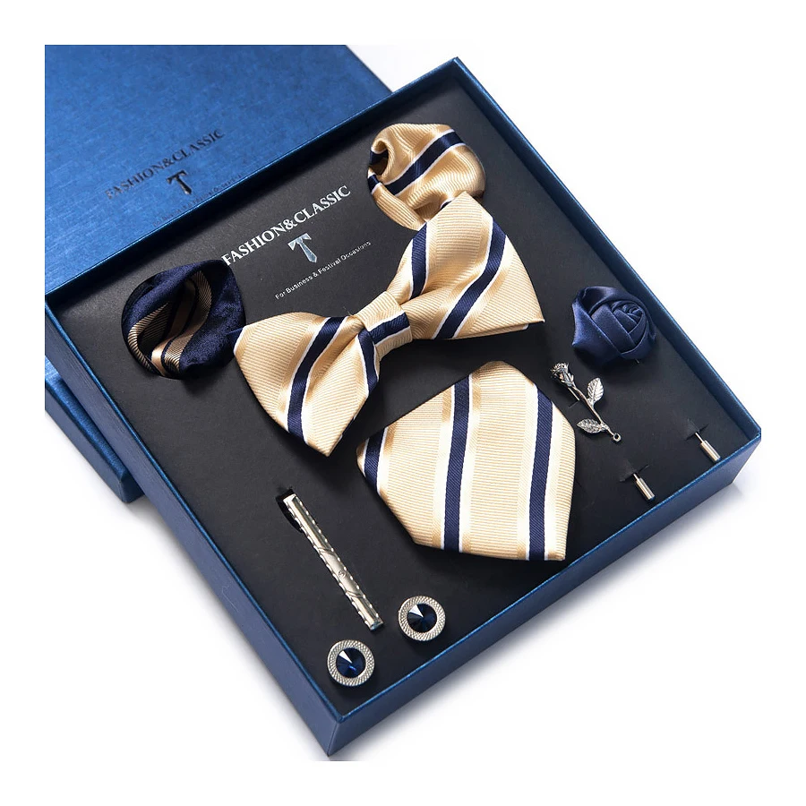 Top Trends: Vangise Brand Newest Design Silk Tie Handkerchief Pocket Squares Cufflink Set Bow Tie Clip Necktie Box Striped Father&#039;s Day Shoppable Styles