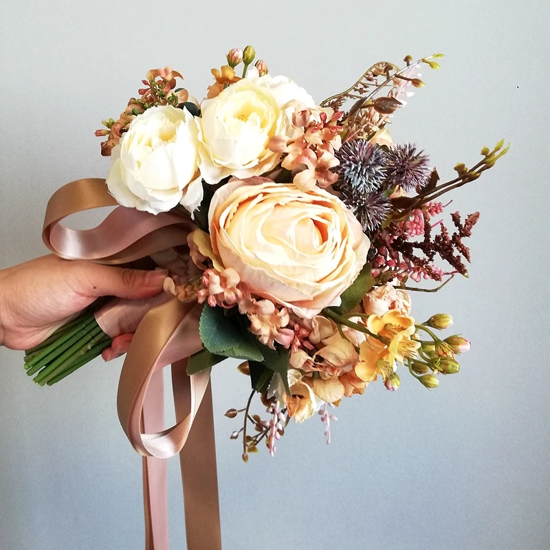 Top Trends: Vintage Rose Beige Brown Poney Wedding Bouquet Nature Artificial European Style Curling Rose Flowers Bouquet For The Bride Shoppable Styles