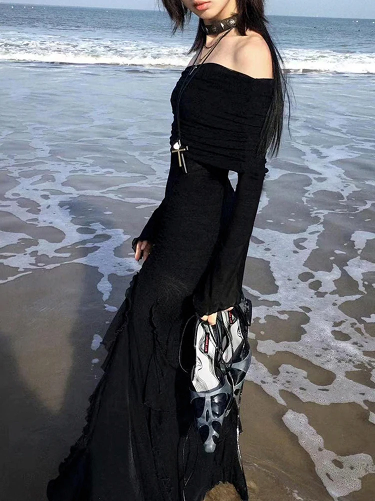 Top Trends: IAMSURE Elegant Fashion Dark Ruffles Split Long Dress Gothic Slash Neck Long Sleeve Maxi Dresses For Women 2023 Holiday Beach Shoppable Styles - Image 3