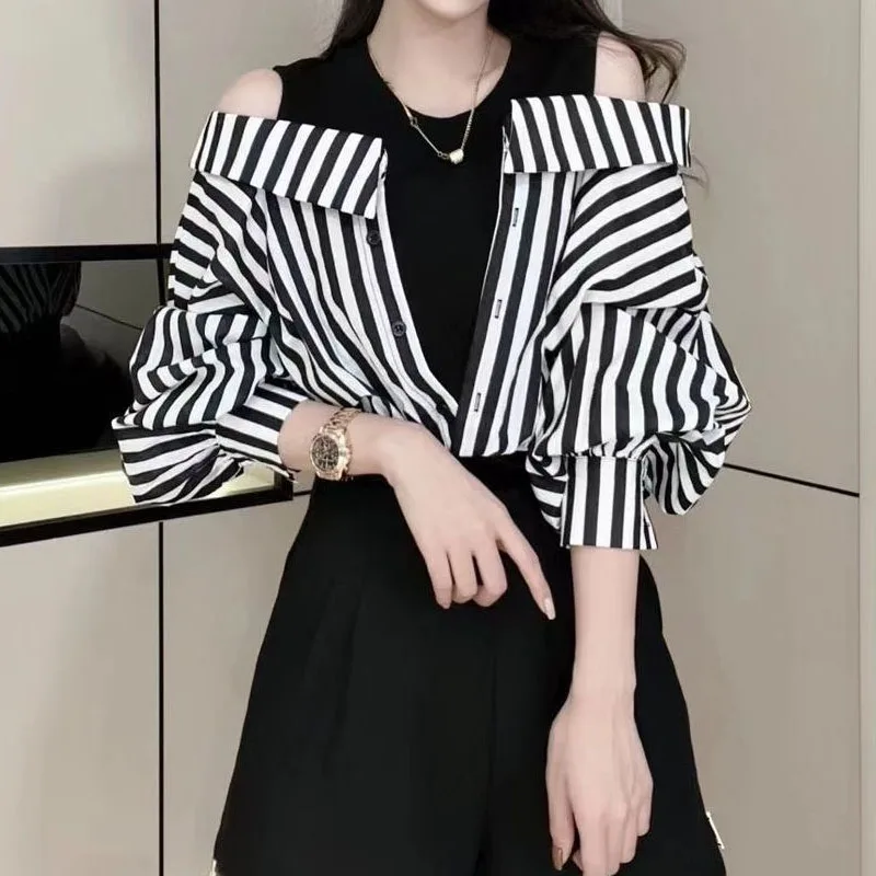 Top Trends: Korean Casual Striped Spliced Fake Two Pieces Shirt For Female Fashion All-match Off Shoulder Blouse Autumn Women's Clothing Shoppable Styles