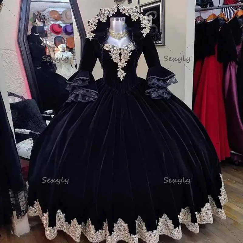 Top Trends: Black Velvet Victorian Gothic Wedding Dress 2023 With Jacket Puff Sleeve Lace Medieval Vintage Bride Gowns Celtic Spanish Prom Shoppable Styles