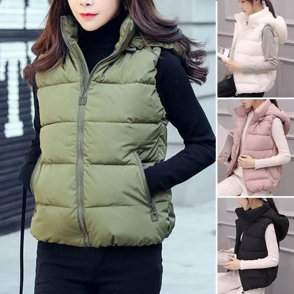 Top Trends: Sleeveless Stand Collar Slant Pockets Zipper Vest Overcoat Women Winter Removable Hat Warm Cotton Padded Waistcoat Outerwear Shoppable Styles