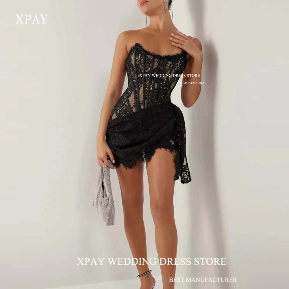 Top Trends: XPAY Sexy Black Mini Short Prom Party Dresses Strapless Full Lace Corset Draped Cocktail Night Event Gowns 2023 Vestido De Noche Shoppable Styles