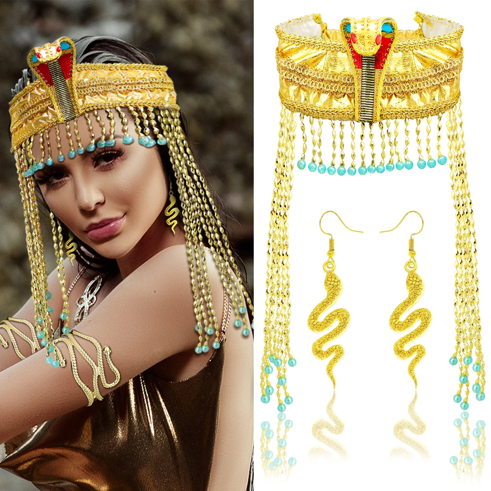 Top Trends: Halloween Cosplay Queen Of Egypt Cobra Headwear Women Snake Earring Bracelet Jewelry Gold Beaded Pharaoh Sequin Hair Accessories Shoppable Styles