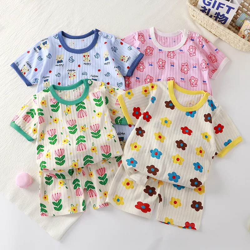 Top Trends: Summer New Baby Girl Boy Short Sleeve Clothing Set Cotton Flower Tshirts And Shorts 2 Pieces Outfits Children&#039;s Pajamas Homewear Shoppable Styles