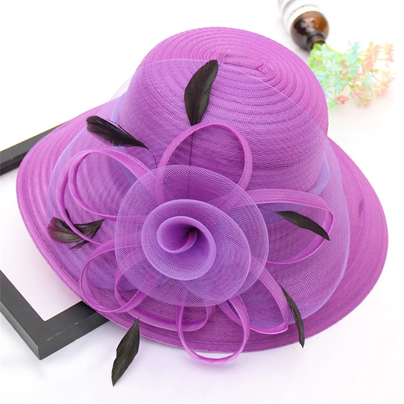 Top Trends: Big Flower Summer Sun Hat For Women Luxury Feather Blue Pink Bucket Hat Organza Ladies Beach Hat For Female Solid Feather Cap Shoppable Styles