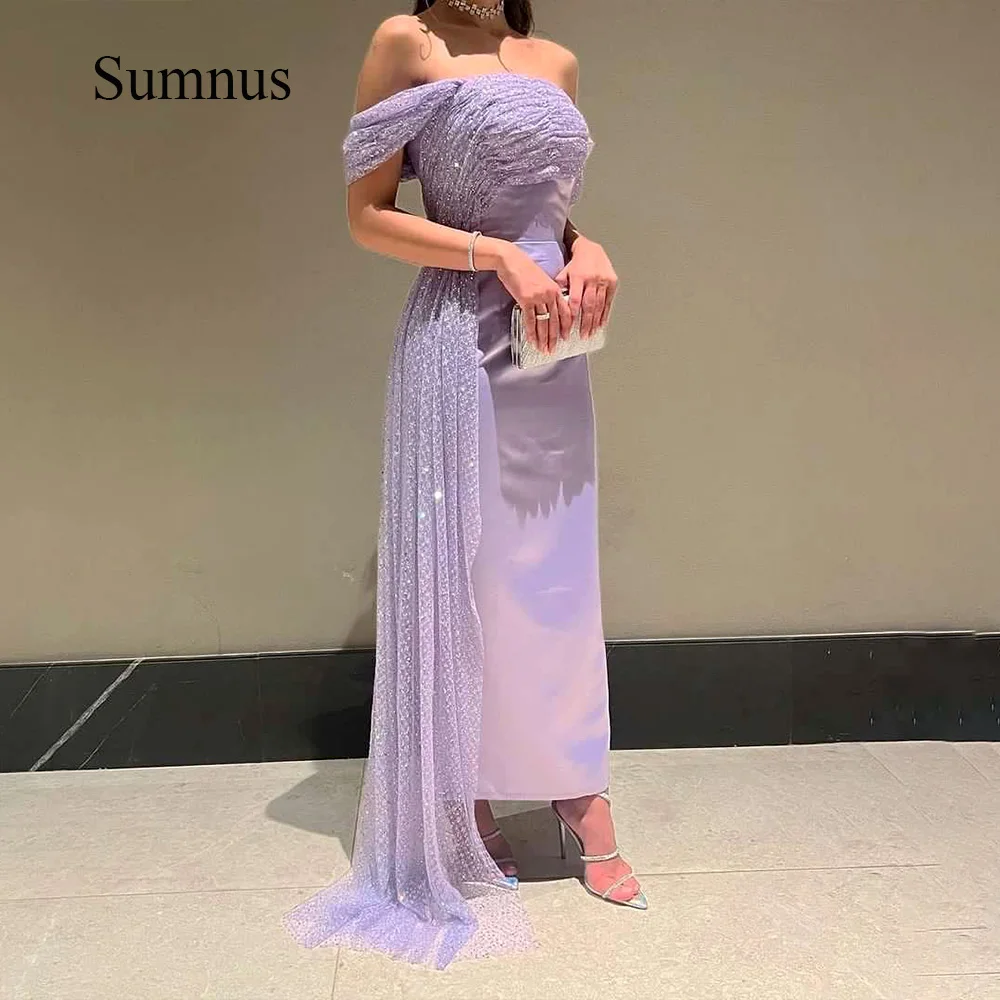 Top Trends: Sumnus Violet Satin Mermaid Dubai Evening Prom Dresses Sequins Tulle Off Shoulder Saudi Arabic Prom Party Dress With Skirt Shoppable Styles