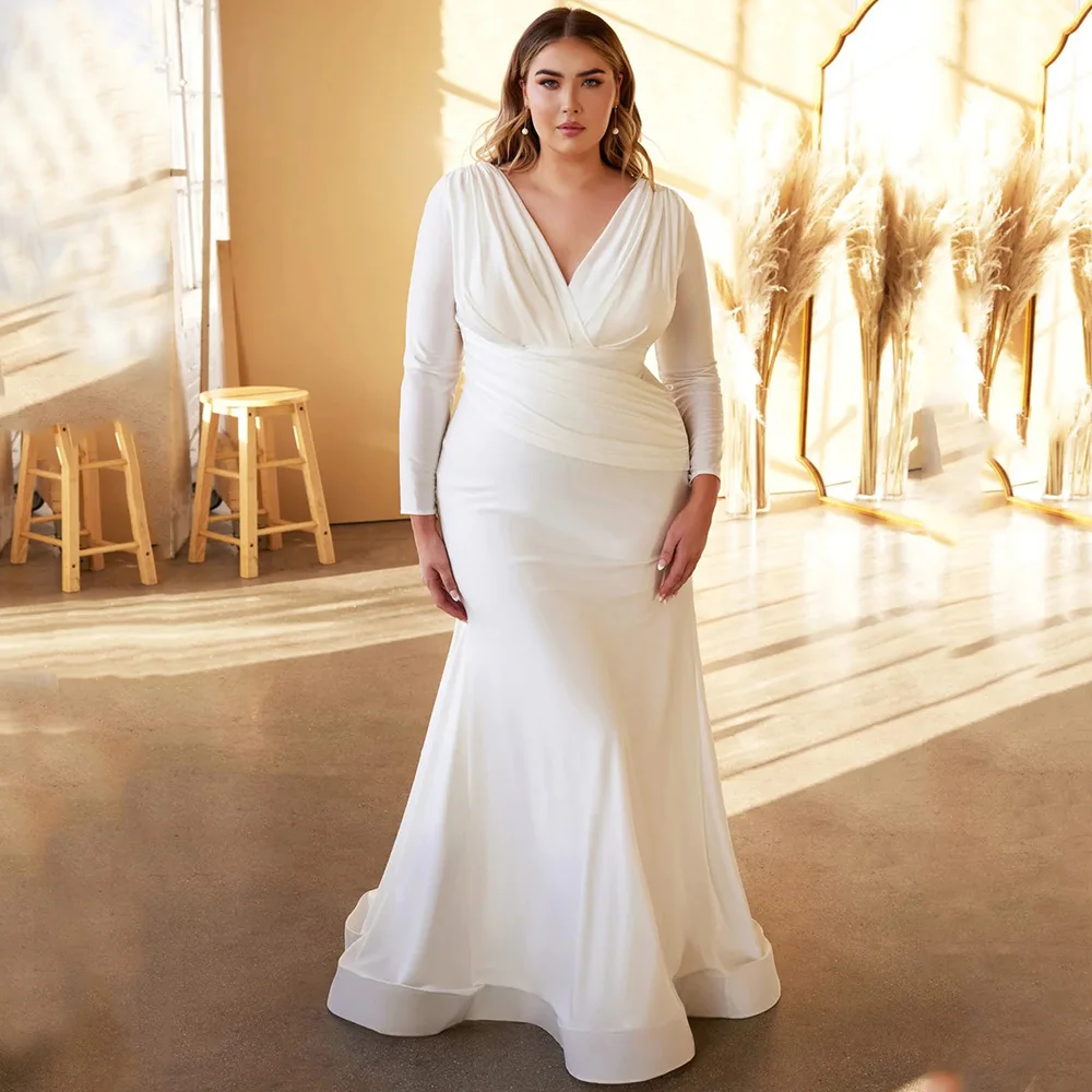 Top Trends: White Plus Size Long Sleeve Wedding Dress V-Neck Grabbed Satin Mermaid And Floor Length Bridal Marriage Gown Robe فستان الزفاف Shoppable Styles