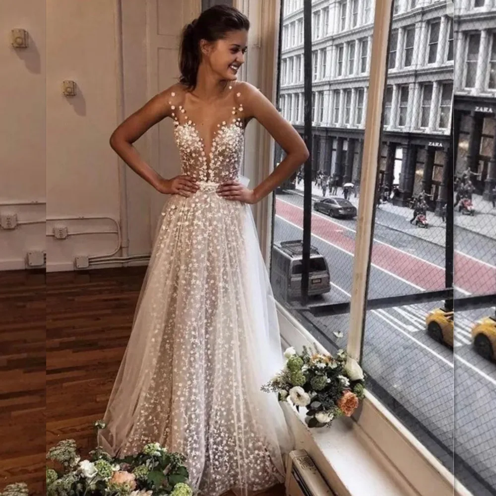 Top Trends: LSYX Sexy Glitter Sleeveless Wedding Dress V Neck Illusion A Line Bridal Gown Court Train Robe De Mariée Ribbons With Soft Tulle Shoppable Styles