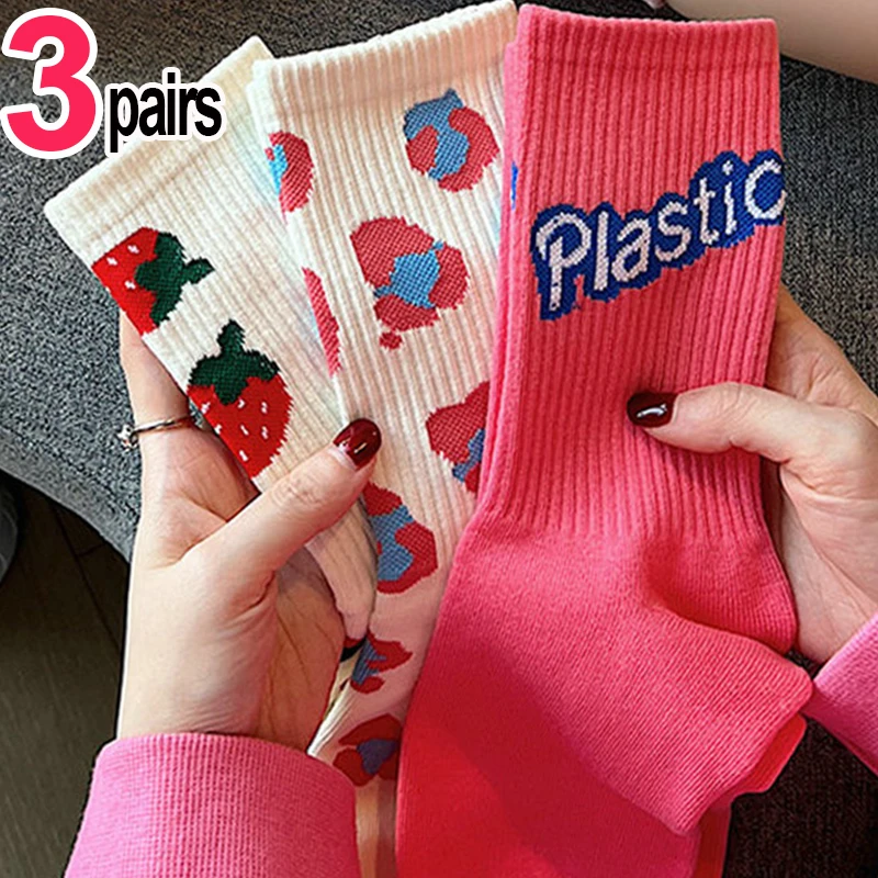 Top Trends: Y2k Heart Strawberry Sweet Love Girl Socks Korean Fashion Women's Middle Tube Socks Cute Lovely Fruit Pink Cotton Casual Socks Shoppable Styles