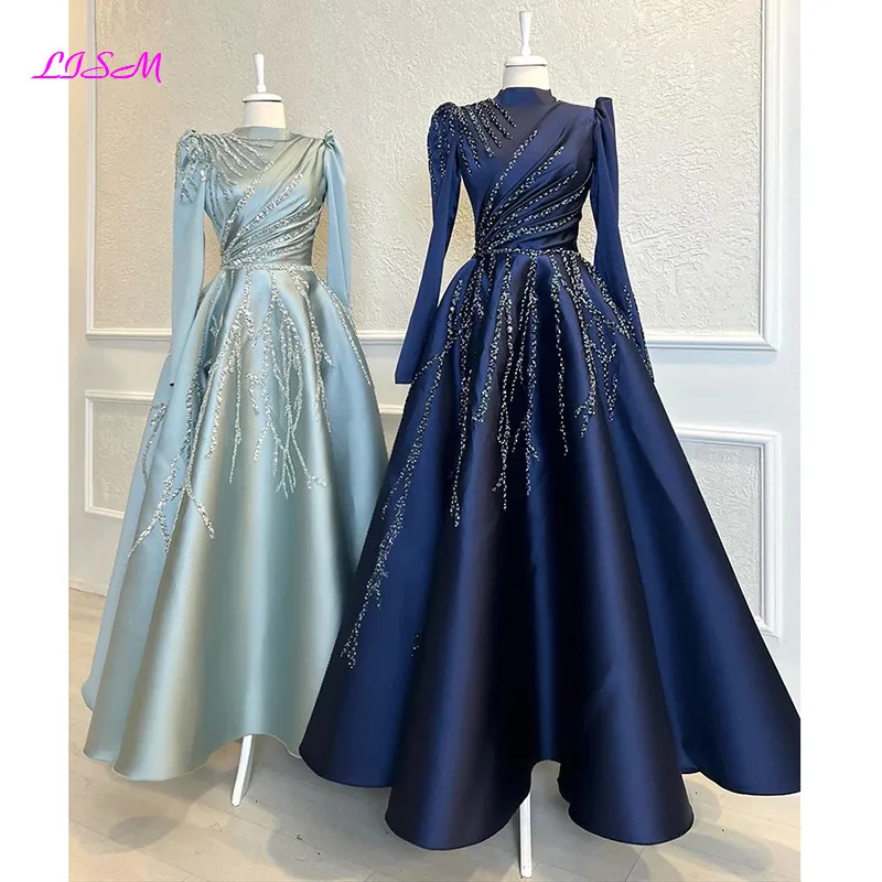 Top Trends: Navy Satin Beaded Long Sleeve Muslim Evening Dresses Moroccan Caftan High Neck Formal Party Ball Gowns Robe De Soiree Shoppable Styles