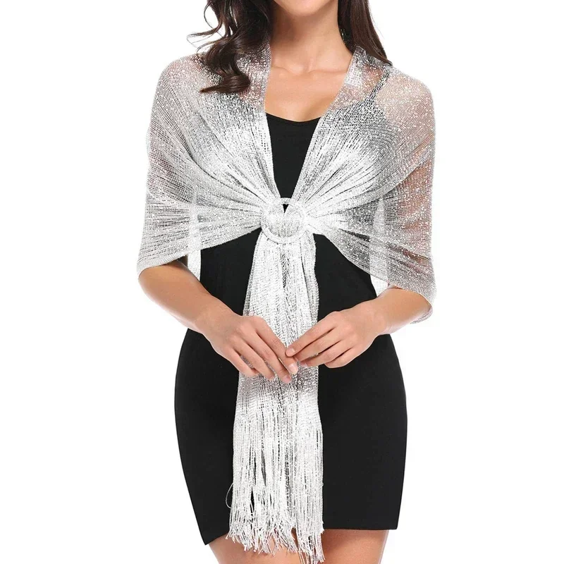 Top Trends: Sparkling Metallic Scarf With Buckle Women's Evening Party Shawl Gold Silver Shiny Shawls For Bridal Bridesmaid Wedding Wraps Shoppable Styles