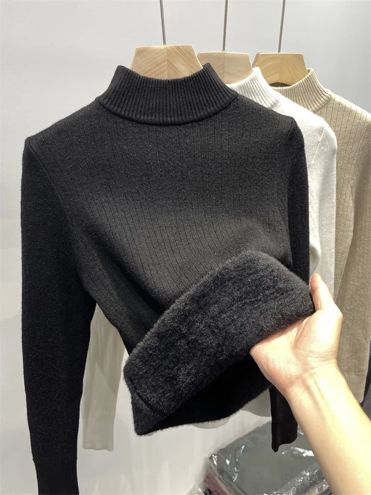 Top Trends: Winter Warm Sweater Pullover Women Slim Thicken Plush Velvet Lined Knitwear Jumper Korean Half Turtleneck Poleras Soft Knit Tops Shoppable Styles - Image 3