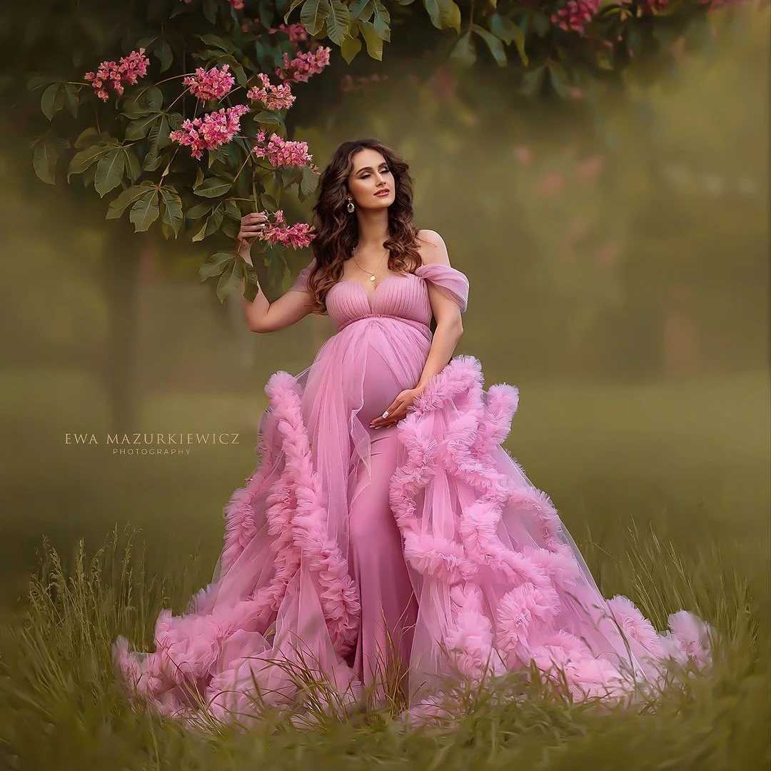 Top Trends: Fluffy Pink Tulle Maternity Robes For Photo Shoot Off Shoulder Tiered Ruffles Pregnant Women Dress Sexy Babyshower Gown Shoppable Styles