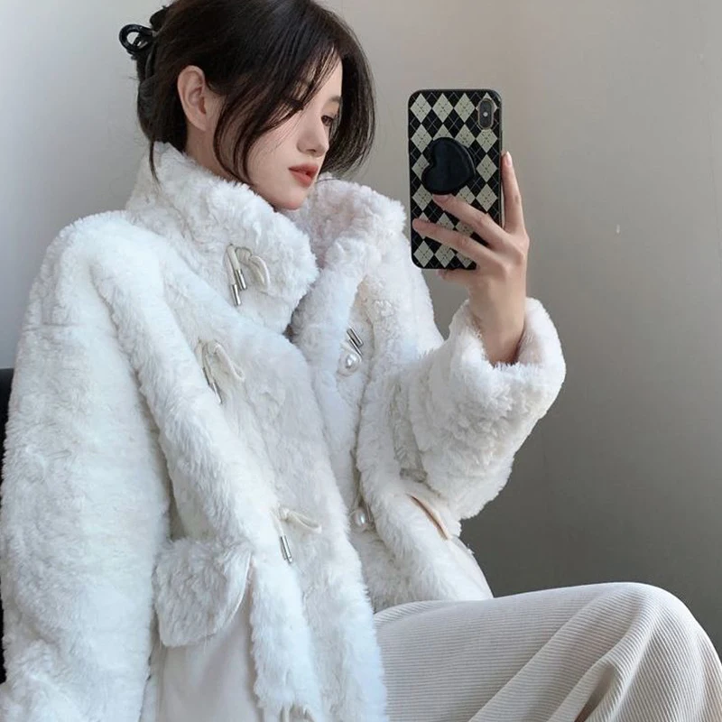 Top Trends: 2023 Luxury Winter Woman Fluffy Lamb's Fur Coat Warm Faux Fur Coat Collar Short Outerwear Coat Cowl Button Korean Fur Jackets Shoppable Styles