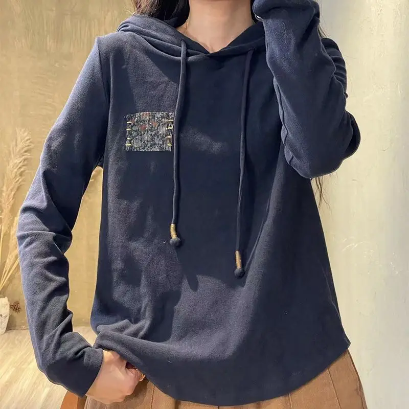 Top Trends: Women&#039;s Vintage Autumn Winter Solid Color Hooded Drawstring Printing Long Sleeve Underlay All-match Casual Pullover Hoodies Tops Shoppable Styles