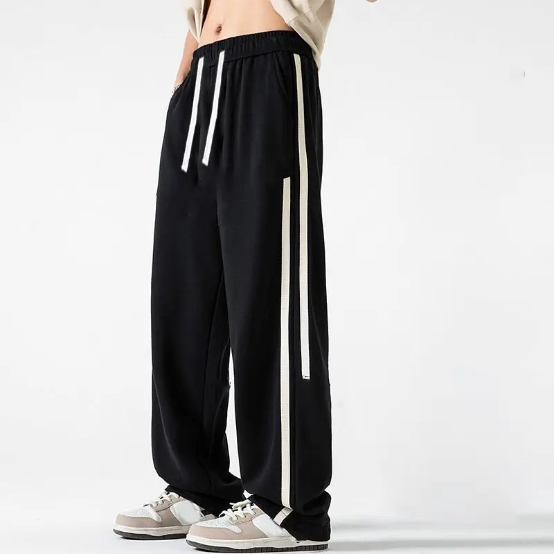 Top Trends: Loose Versatile Straight Sports Pants Men&#039;s Solid Patchwork Stripes Elastic Waist Drawstring Autumn New Trend Wide Leg Trousers Shoppable Styles