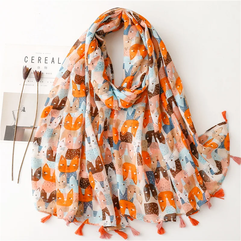 Top Trends: Lovely Animal Cat Pattern Tassel Viscose Shawl Scarf Lady High Quality Wrap Thin Pashmina Stole Bufandas Muslim Hijab 180*90Cm Shoppable Styles