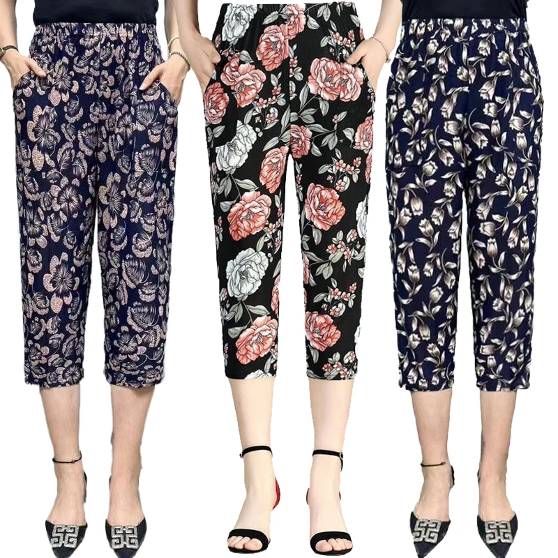 Top Trends: 2023 Summer Women's Capris Pants Woman Loose Casual High Waist Pant Thin Floral Print Straight Calf Length Trousers Shoppable Styles