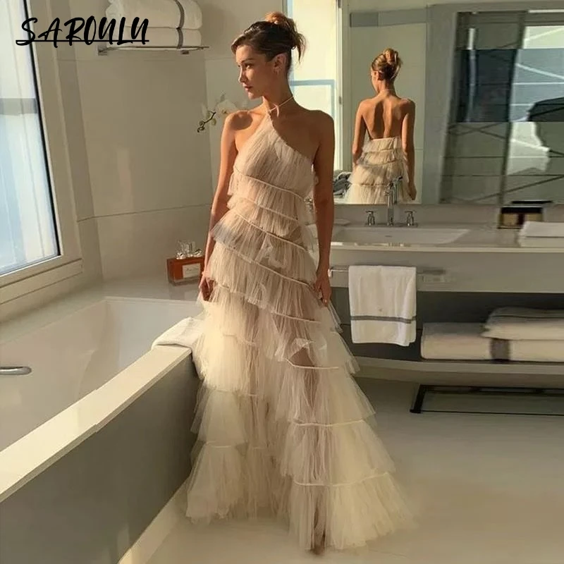 Top Trends: Modern Tiered One Shoulder Wedding Dress Tulle A-line Bridal Wedding Gown Mesh Evening Party Dresses For Women Robe De Mariée Shoppable Styles