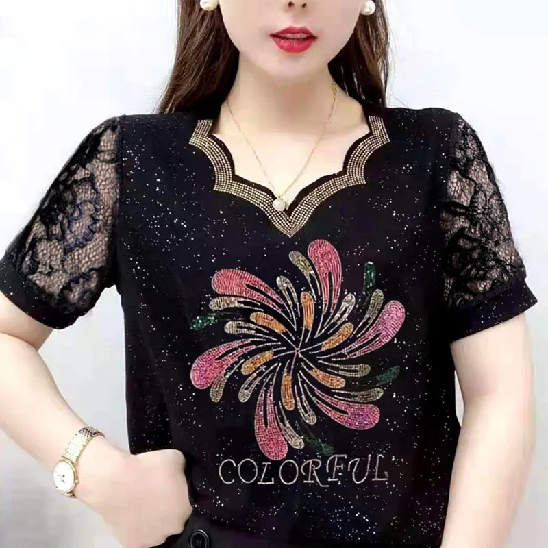 Top Trends: Summer New Printing Lace Patchwork Pullovers Short Sleeve V Neck Loose Plus Size T Shirt Tops Fashion Vintage Women Clothing Shoppable Styles