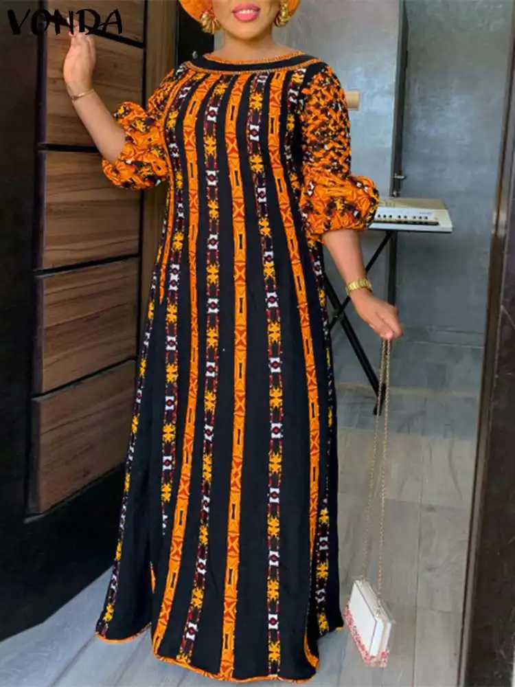 Top Trends: VONDA Plus Size 5XL Dress Women Long Maxi Sundress 2024 O-Neck Printed Casual Bohemian Robe Femme Lantern Sleeve Party Vestido Shoppable Styles