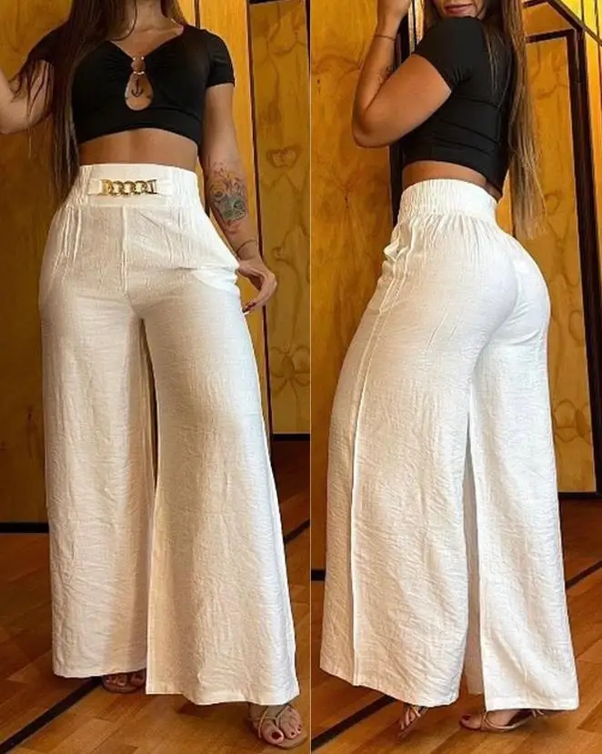 Top Trends: Women&#039;s Pants 2023 Spring Fashion Chain Decor High Waist Casual Plain Pocket Design Daily Wide Leg Long Pants Y2K Streetwear Shoppable Styles