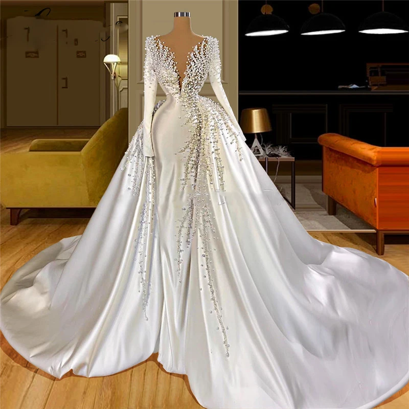 Top Trends: Luxury Full Sleeve Wedding Dresses For Bride Beaded Lace Pearls Mermaid V Neck Long Bridal Wedding Gowns 2023 Shoppable Styles