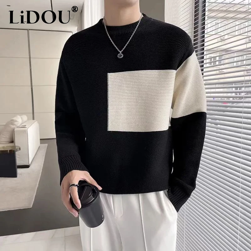 Top Trends: Autumn Winter New Fashion Round Neck Long Sleeve Contrast Color Sweater Man High Street Loose Casual Patchwork All-match Tops Shoppable Styles