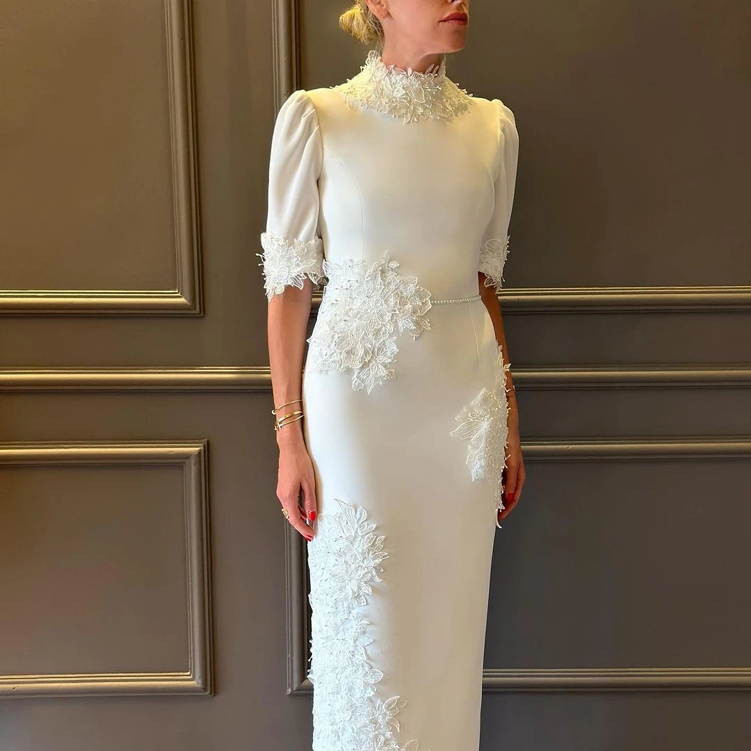 Top Trends: Fairytale Short Sleeves Prom Dresses Ankle-Length Wedding Party White Appliques Stain Grace Women Zipper Up 2023 Shoppable Styles