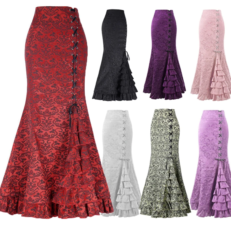 Top Trends: Victorian Steampunk Gothic Vintage Long Skirts Women Lace-Up Tiered Ruffled Fishtail Skirt Showgirl Mermaid Medieval Costumes Shoppable Styles