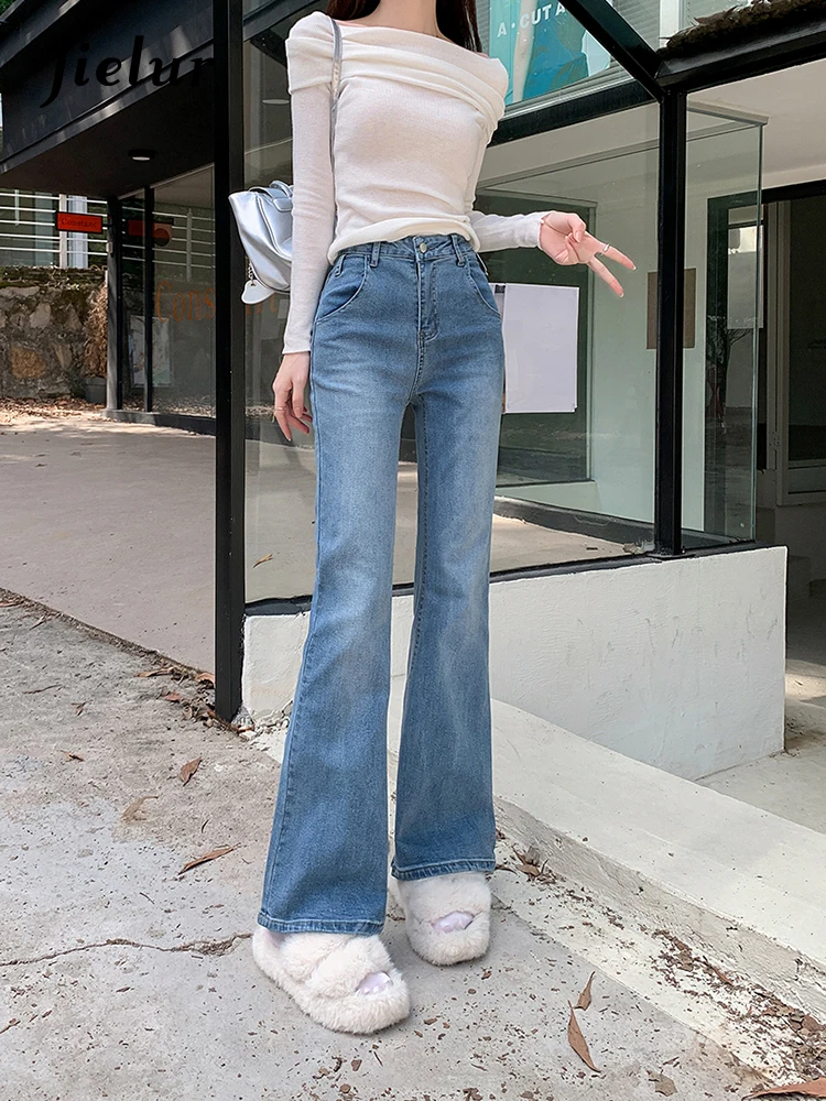 Top Trends: Jielur Ins Simple Basic Street Chicly Women Jeans Autumn New Fashion Slim Women Jeans Blue High Waist Slim Flare Pants Female Shoppable Styles