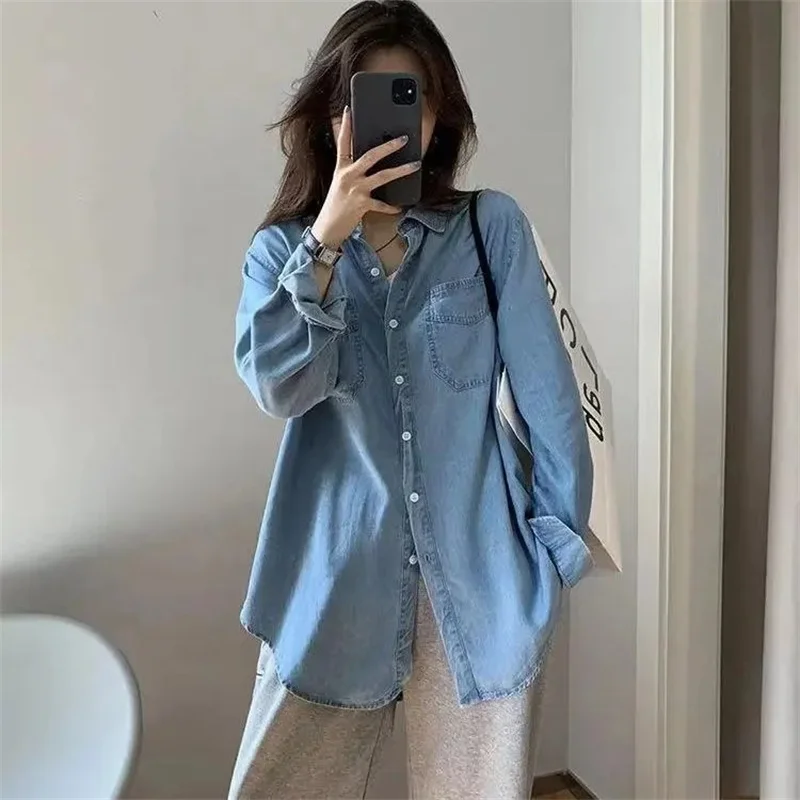 Top Trends: Spring Fashion Women Denim Blouse Basic Single Breasted Jean Shirts Pocket Long Sleeves Thin Blusas Mujer Lapel Cowboy Tops Shoppable Styles - Image 2