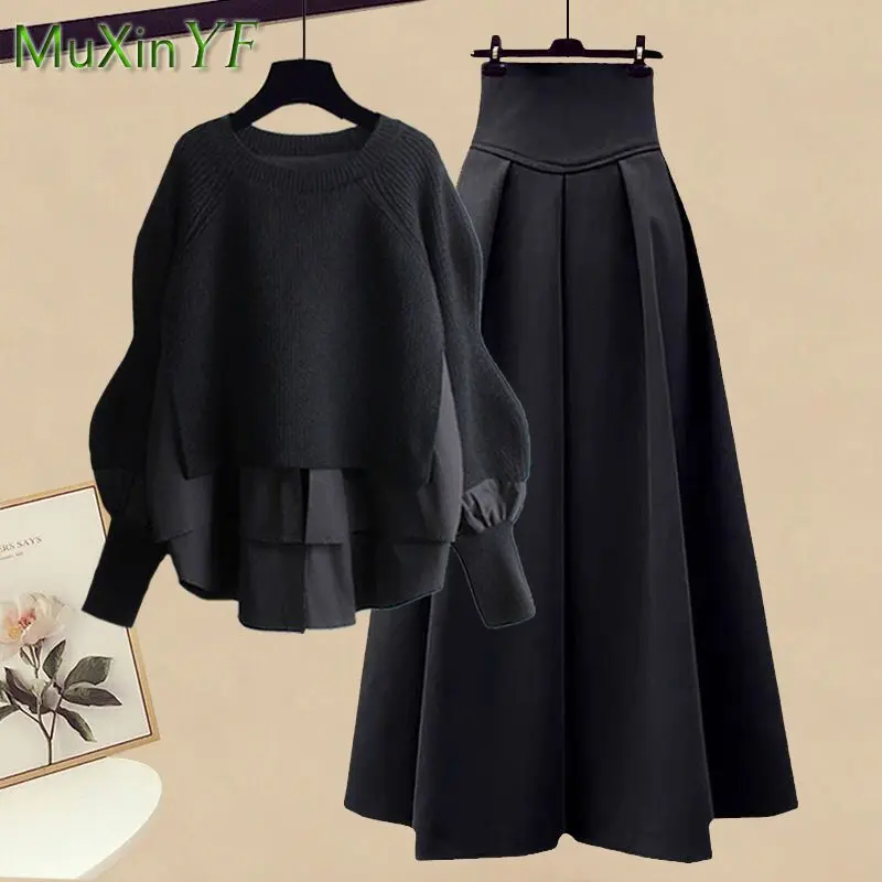 Top Trends: 2023 Autumn / Winter New Korean Elegant Splice Fake Two Piece Knitted Sweater Dress Matching Set Women&#039;s Chic Pullover Skirt Set Shoppable Styles